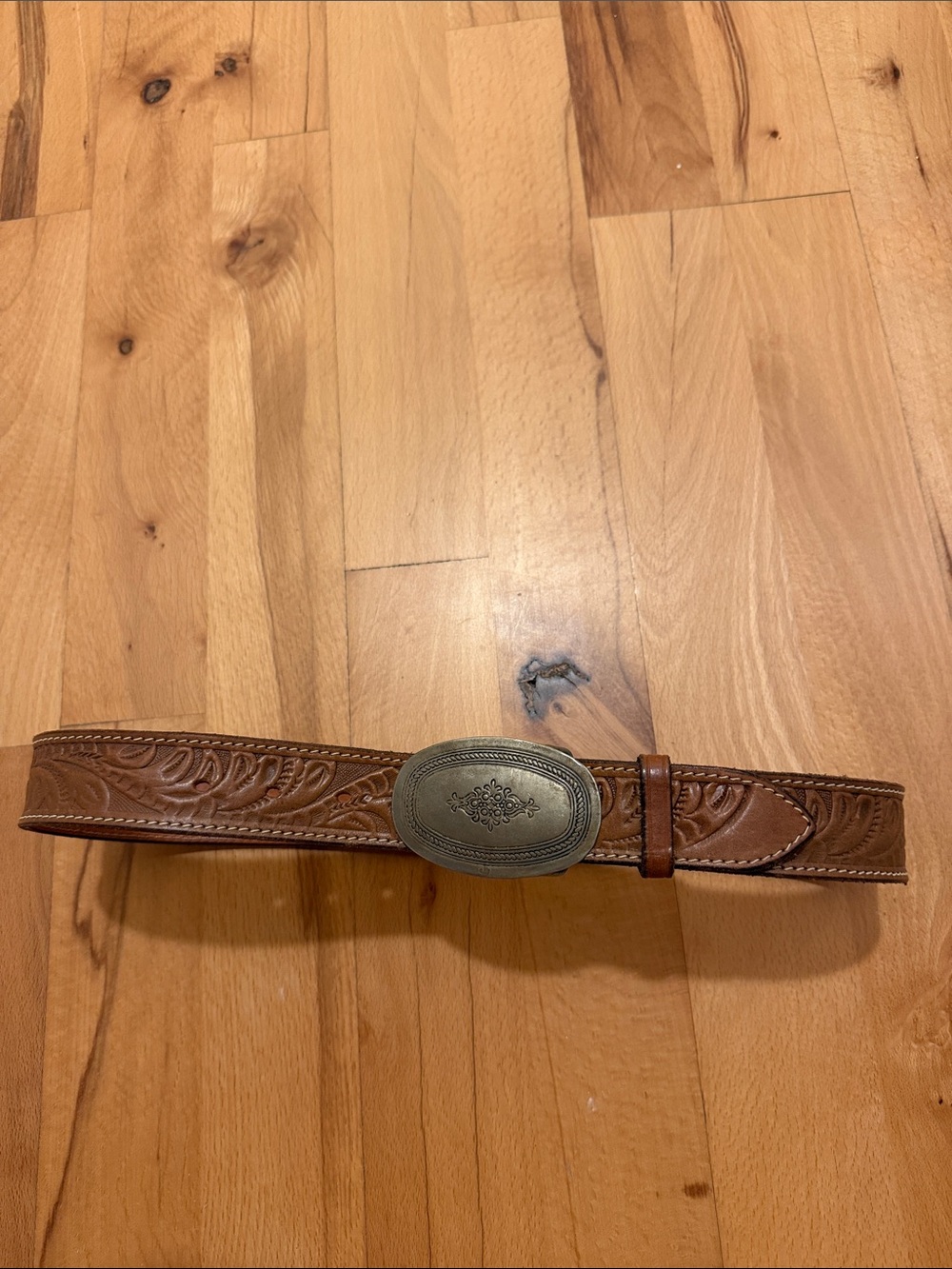 Leather Tooled Brown Western Belt with Decorative Oval Buckle